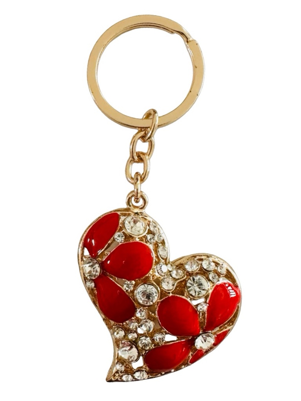 Gold-tone Red Enameled Jeweled Heart Keychain Ring 3 3/4” Luxury